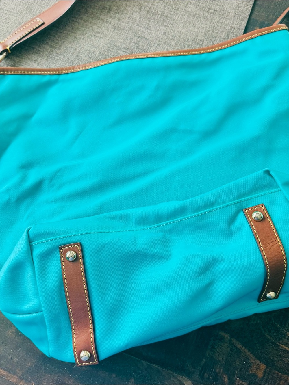 Dooney & Bourke Wayfarer Aqua Nylon Shoulder Hobo with Brown Leather Trim - Picture 6 of 9